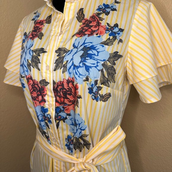 Jealous Tomato Button Down Yellow & White Floral Print Striped Shirt Dress - Picture 2 of 4